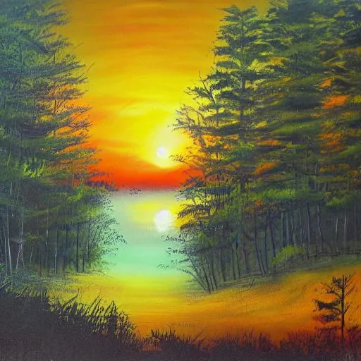 Prompt: sunset dramatic landscape forest painting




