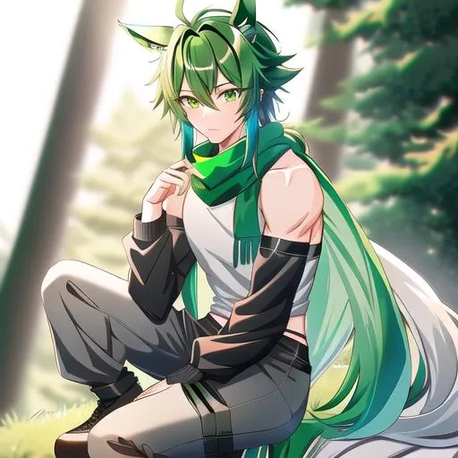 Prompt: Male. masculine build. human animatronic hybrid, with focused emerald eyes. Emerald colored feathery PEGASUS tail. Short dark Green ombre hair. horse ears. adult He wears grey comfy leggings, a white oversized sweater, brown boots. And a green scarf. Anime style. UHD, HD, 4K. In the forest.