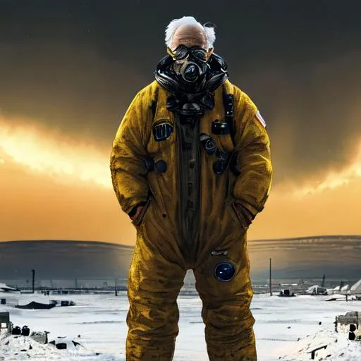 Prompt: a old man in a nuclear hazard suit with a nuclear winter in the background  high definition 8k