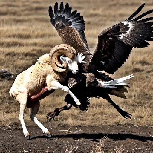 Prompt: a ram fighting getting hurt by eagle talons