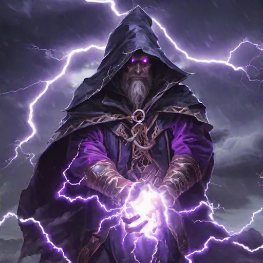 Prompt: Storm wizard with glowing purple eyes covered in lightning