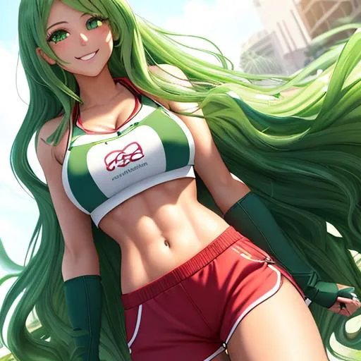 Prompt: extremely realistic, hyperdetailed, extremely long green wavy hair anime girl, deep red blush, smiling happily, wears cropped hoodie, wears dolphins shorts, toned body, showing abs midriff, highly detailed face, highly detailed eyes, full body, whole body visible, full character visible, soft lighting, high definition, ultra realistic, 2D drawing, 8K, digital art