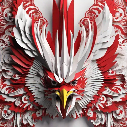 Prompt: Illustrasion 3D,cybox folded paper, multicolored paper, ((Indonesian garuda fighting Indonesian cybox)), colorful, intricate detail, close up, active, extreme detail, background red and white