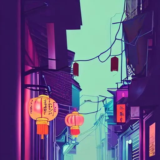 Prompt: asian city incredibly narrow dark back alley at night, neon signs, mist,  heavy rain, vector art, blue, purple, dark, moody, chillhop cover art, chinese lanterns, light garland