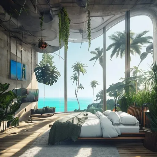 Prompt: minimalist large curved bedroom neutrals, huge wall screen, beautiful, lush, luxury, interior, solarpunk, futuristic tropical island, realistic details, photorealistic, 8k render, cinematic lighting, ultra detailed