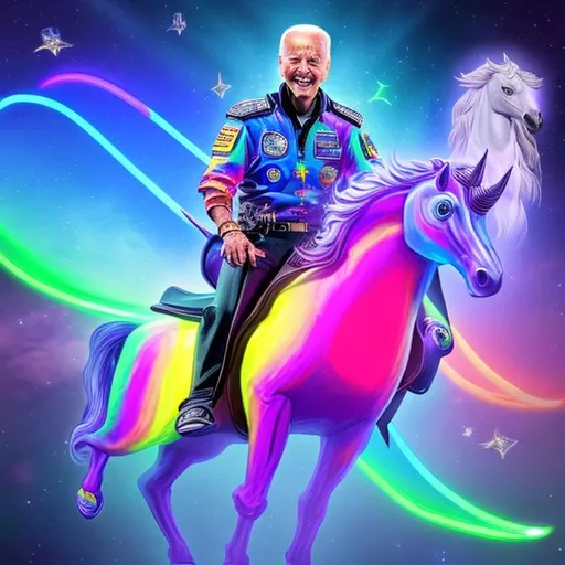 Prompt: President Joe Biden riding a fantasy neon rainbow colored unicorn in space, fantasy, neon colors, 