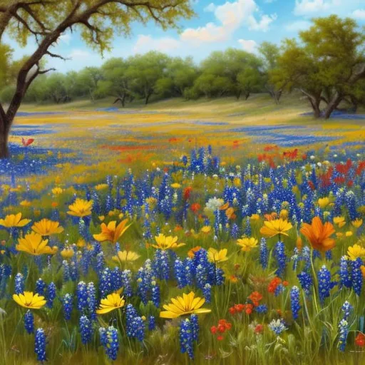 Prompt: create a painting of Texas wildflowers and be sure to include bluebonnets and wild sunflowers 