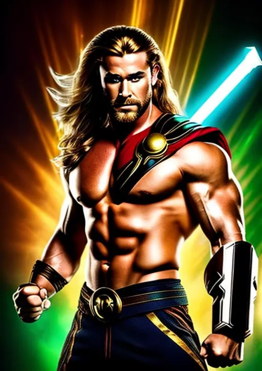 Prompt: High-resolution hyperrealistic photo of marvel's demigod {{hercules}} merged with thor, {{undercut mullet hair}}, holding mjolnir, green and red and black and gold revealing costume, uhd, hdr, 64k