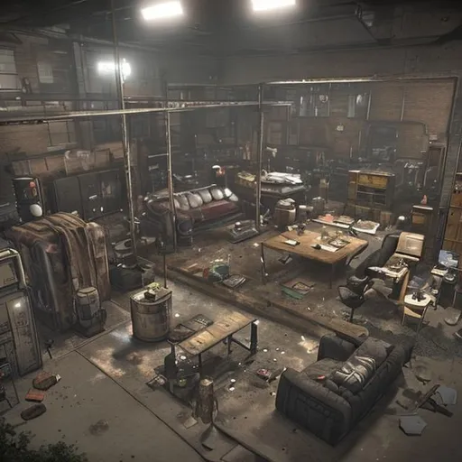 Prompt: A small base set up in a warehouse in a post apocalyptic world. It’s a comfy area with sofas and weapons litttered on the ground