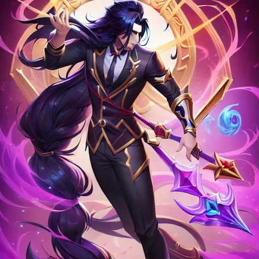 Prompt: detailed digital painting in the style of league of legends character portrait of attractive male with long hair. Full body image. official from riot games, fine face details, sharp eyes, elegant, twitter art, tumblr, patreon, masculine man