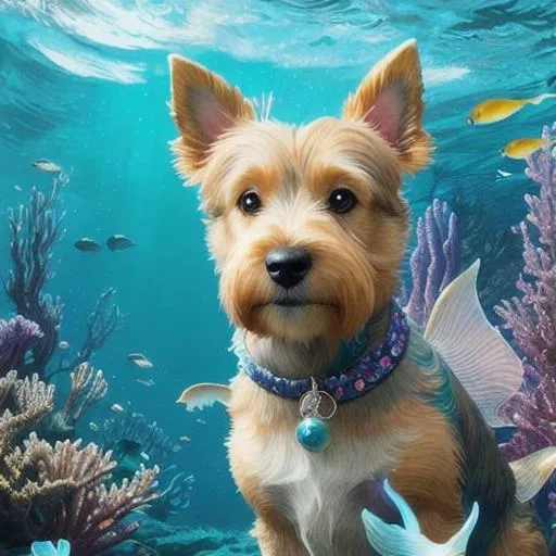 Prompt: ((Australian terrier dog)), featuring a beautiful portrait of a mermaid in a starry underwater scene with bright colors, Intricate details, Digital painting, Artstation, Fantasy, Surreal, Dreamy, Glowing, Magical, trending, by artgerm, jason engle, jennifer healy, and kyoung hwan kim