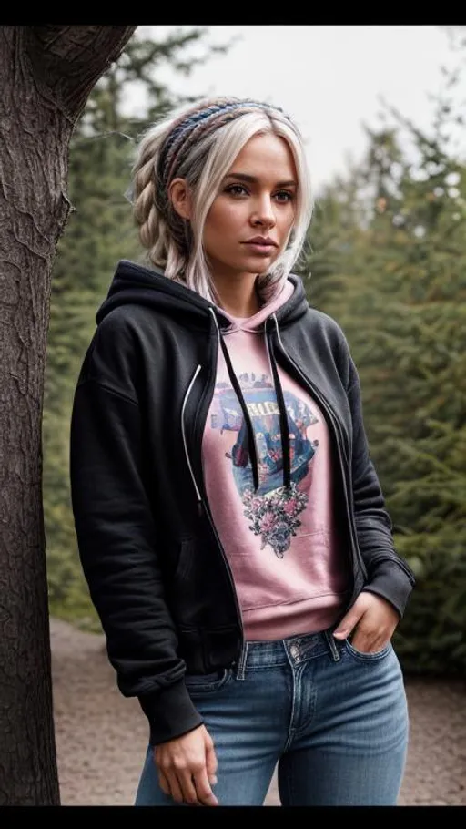 Prompt: Polaroid photography,Photorealistic, a woman from sweden in a black anime hoodie blue jeans braid pink hair lush garden background,extremly insanely epic and stunning,insanely detailed,cinematic lighting,insanely intricate,hdr,4k,8k,unreal engine,octane render