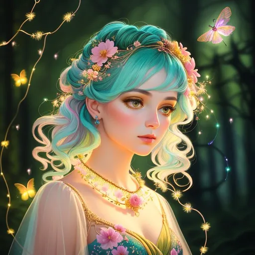 Prompt: front view painting of a beautiful girl, style of fragonard and Yoshitaka Amano (pastel hair with flowers, messy), ropes, ((forest background)), bioluminescent, (wearing intricate clothes), delicate, soft, fireflies, ethereal, luminous, glowing, dark contrast, celestial, ribbons, trails of light, 3D lighting, soft light, vaporwave