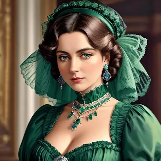 Prompt: Wealthy, stylish lady of the Victorian era, wearing sapphire jewelry, wearing green, facial closeup