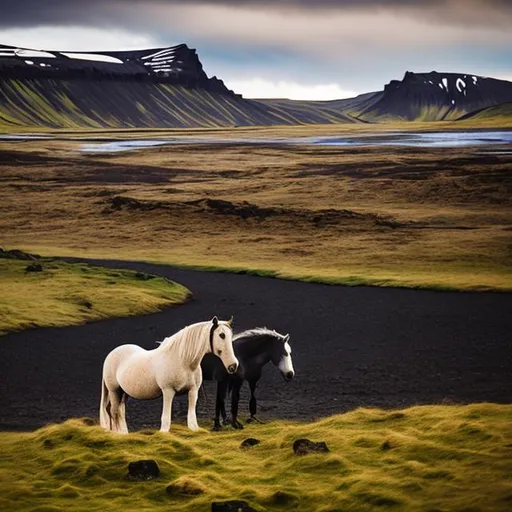 Prompt: iceland, horses, mountains, water 