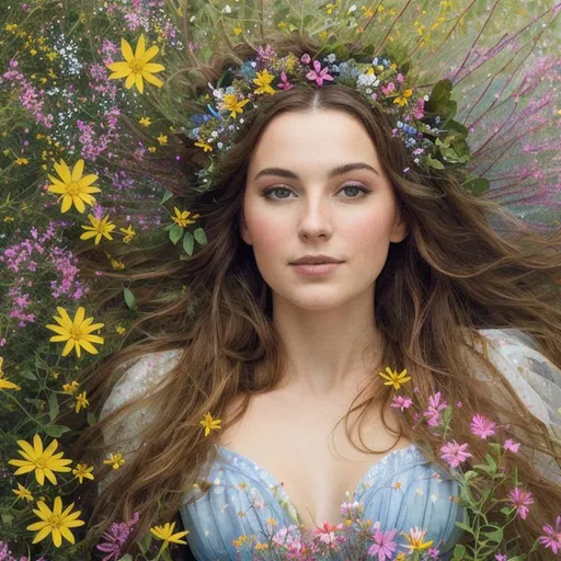 Prompt: Anne Bolelyn as a fairy goddess, surrounded by wildflowers, closeup
