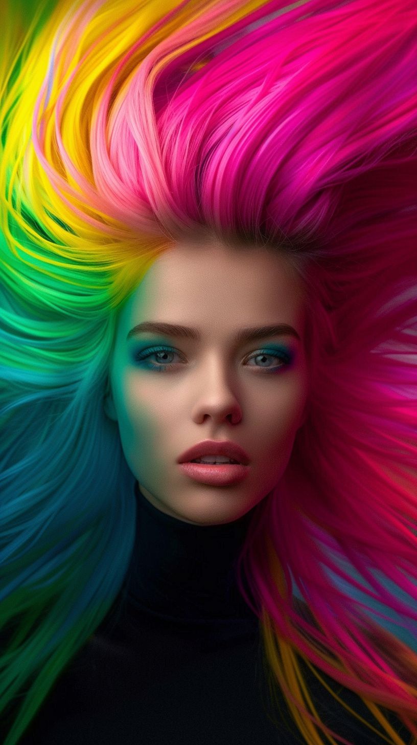 Prompt: girl with large multicolor hair flowing encapsulating her