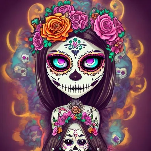 Prompt: Dia de los muertos, woman, anime crown, beautiful, colorful, aztec, native, full body, chibi