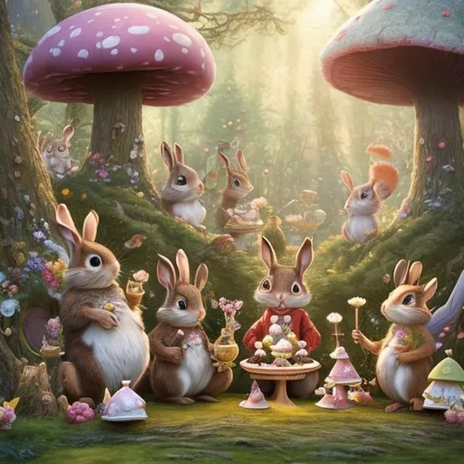 Prompt: a whimsical forest scene with anthropomorphic animals, like a charming rabbit, a mischievous squirrel, and a wise old owl, all dressed in dapper clothing, enjoying a tea party under a giant mushroom. They should be sipping tea from tiny teacups and surrounded by vibrant, oversized flowers and magical fireflies. The scene should exude a sense of wonder and enchantment, with soft, glowing lighting filtering through the trees and casting dappled shadows.