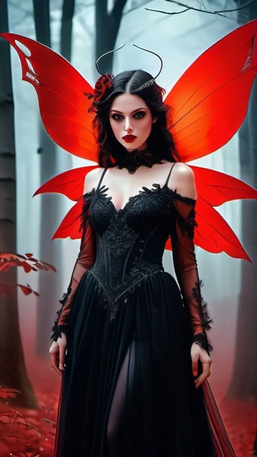 Prompt: portrait of beautiful enchantress fairy with intricately detailed big black and red translucent wings, flawless crimson eyes, flawless eyes looking directly at camera, highly detailed dress, blood moon behind trees, moonlight filtered through trees, creepy forest scene, blood moon, red glow, mist, ethereal, eerie, Gothic, backlit, hyperdetailed, intricate, a masterpiece, by Victo Ngai, by Greg Rutkowski, highest possible resolution, trending on Artstation, highly detailed and intricate, paint splatter, white ink, a masterpiece of double exposure art