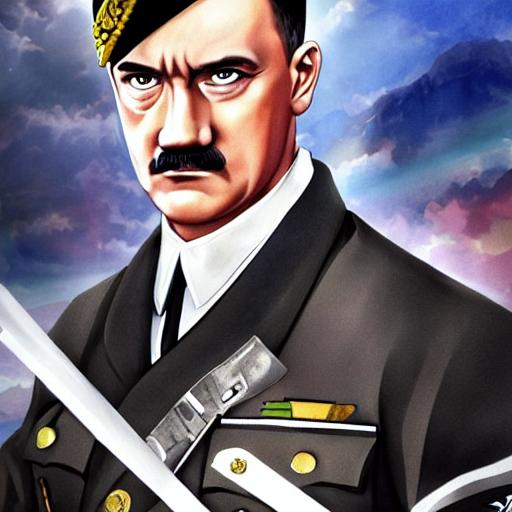 hitler as a anime in daylight with war at the back...