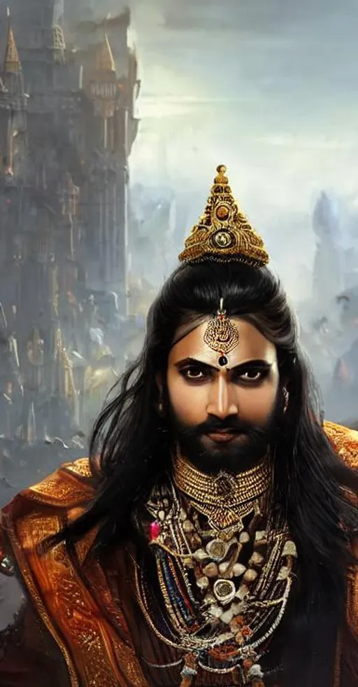 Prompt: Portrait of  a vedic king with black hair and with cute face,  Battlefield background, perfect composition, hyperrealistic, super detailed, 8k, high quality, trending art, trending on artstation, sharp focus, studio photo, intricate details, highly detailed, by greg rutkowski
