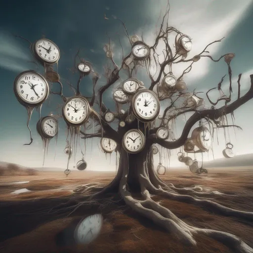 Prompt: A surreal scene featuring melting clocks draped over tree branches, surrounded by floating abstract elements in a dreamlike landscape. Shot with a wide-angle lens to capture the vastness of the surreal world.