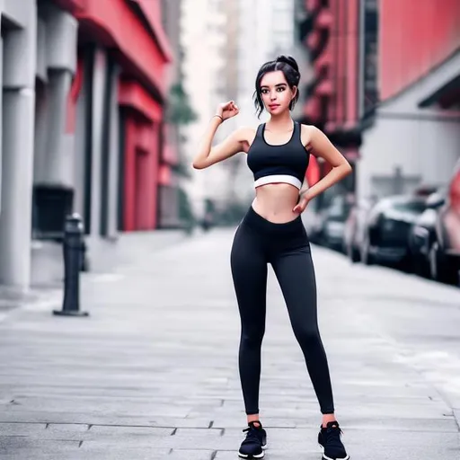 Prompt: An attractive young lady wearing gym outfit full gym pants small waist slightly visible ribs curvy hips posing in an elegant way long black hair tied up cute expressions hd 3d art