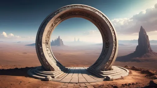 Prompt: circular portal, gateway from one world to an alien world, ring, ring standing on edge, freestanding ring, complete ring, panoramic view