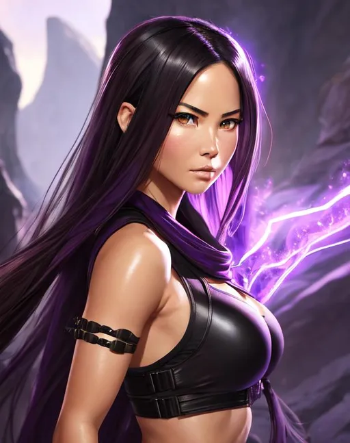 Prompt: 
(Olivia Munn, 16 years old) 
as ninja in artifact attire, wearing purple ninja tactical gear, dramatic, cinematic lighting, caustic, cave background, sleeveless, black wild hair, brown eyes, ethereal, jewelry set balayage, royal vibe, highly detailed, digital painting, Trending on artstation , HD quality, tan skin, Big Eyes, artgerm, by Ilya Kuvshinov