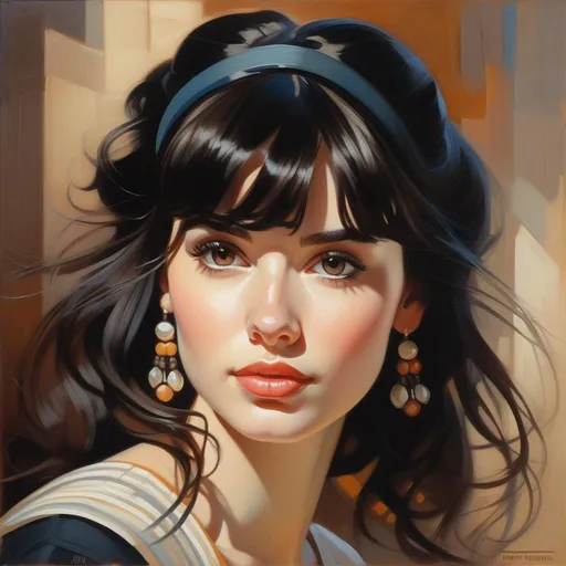 Prompt: Facial portrait of a young woman, pale skin, black hair, bangs, dark brown eyes, cartoony style, extremely detailed painting by Greg Rutkowski and by Henry Justice Ford and by Steve Henderson 
