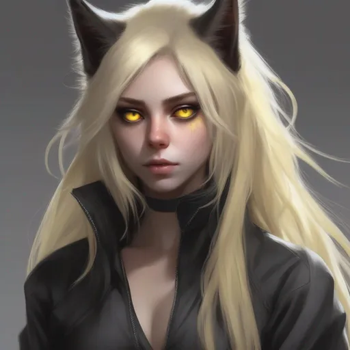 Prompt: full body pose , demon girl, black sclera, yellow cat eyes, big gray lynx ears, big (wide {blonde} {spiky} fluffy) extra very long hair, (fringeless), {blonde} hair, (no fringe), (forehead visible), pale skin, sharp jaw, hyperrealistic eyes, hyperrealistic nose, hyperrealistic lips, ethereal, divine, goddess, intricate facial details, intricate eye detail, black latex leotard suit, fighting pose, attack