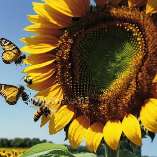 Prompt: a bee and a butterfly are flying towards a sunflower with a blue sky in the background and a green field in the foreground, Bourgeois, ecological art, award-winning photograph, a stock photo