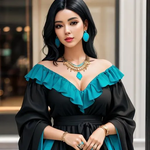 Prompt: Woman with black hair wearing turquoise jewelry
