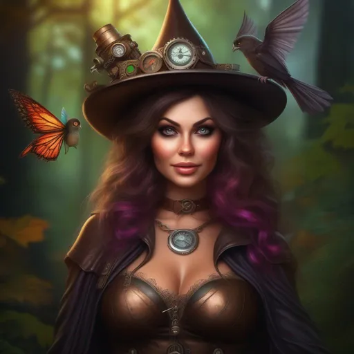 Prompt: Wide angle. Whole body showing. Hyper realistic, Detailed Illustration. Photo realistic. A beautiful, buxom woman with broad hips. extremely colorful, bright eyes,  standing in a forest by a sleepy town. Shes a Steam Punk style witch, a Winged fairy, with a skimpy, very sheer, gossamer, flowing outfit. On a colorful, Halloween night. 