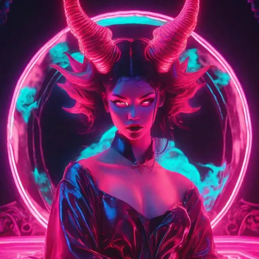 Prompt: beautiful female demon, hell, demonic, vaporwave, retro, neon, aesthetic, liminal, high quality, high definition, beautiful, dramatic lighting