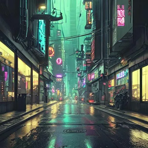 Prompt: A cyberpunk city street at night, moody, dramatic, calming, and quiet.