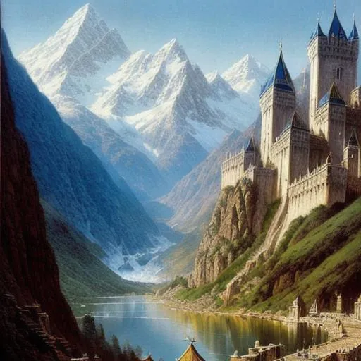 Prompt: gondolin, high-fantasy, D&D, ultra-detailed, cinematic, artstation, art by John Howe