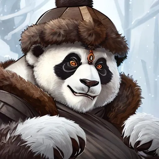 Prompt: big panda warrior, monk, in long brown furry coat, in winter environment, in dnd style, dungeons and dragons, closeup of face