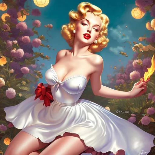 Prompt: Gil elvgren, glossy skin, pearlescent, anime, full body, full body, from above, bunny maid lucie, red hair, marilyn monroe style, doe eyes, fire in the background, big teens


