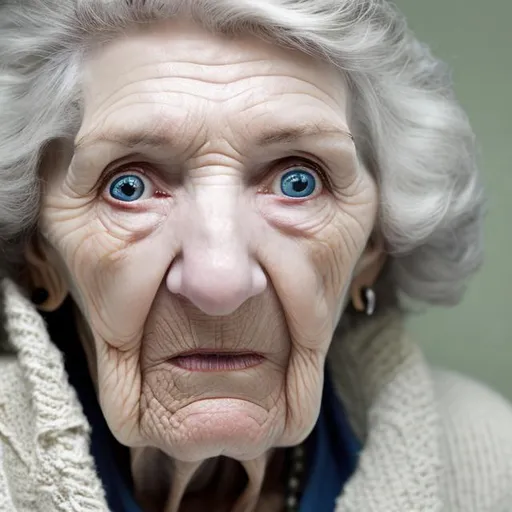 Prompt: old white woman with very large nose pale blue sunken  eyes and long face
