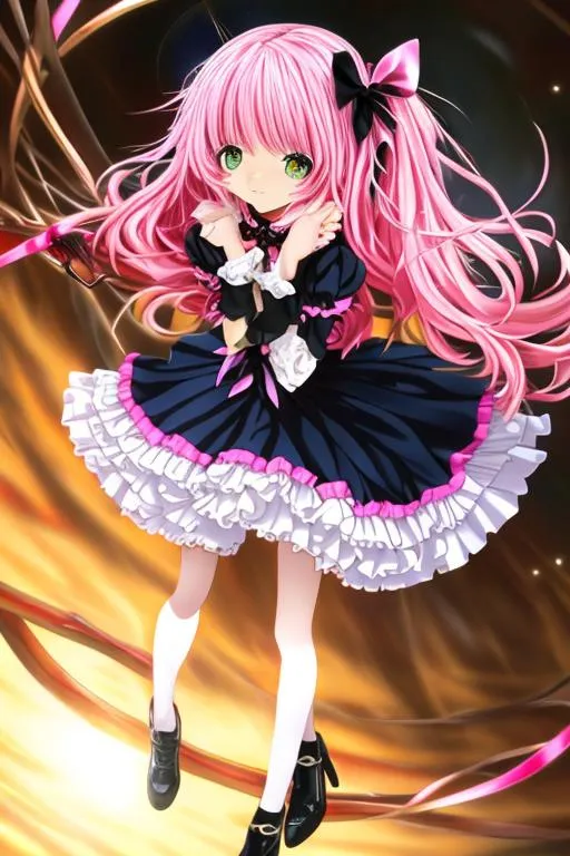 Prompt: anime art,(masterpiece), best quality, expressive eyes, perfect face, full body, 1girl, pink haired fourteen years old girl, dressed in a frilly black and pink dress, wielding a black hunting bow, black and red chocker with a pink gem, short pink hair, pink eyes, short twintails, black hair ribbons, black stockings, red Mary Jean shoes, sad expression, tears,