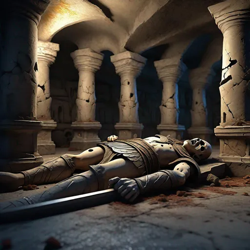 Prompt: Create a highly detailed, ultra high definition photo-realistic image of a old and desecrated crypt with many sarcophagi of ancient warriors, laying down, cracked walls, holes in floor, cinematic, colorful background, concept art, dramatic lighting, highly detailed, hyper realistic, intricate sharp details, octane render, smooth, ultra studio lighting, perfect shading and shadows, trending on art station, 64k, HDR, unreal engine, emotive, cgi, animated, character art, iridescent, metallic.