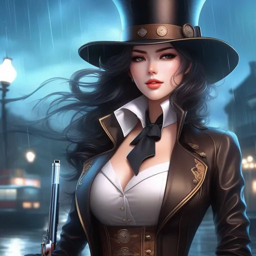 Prompt: a woman in a hat and top hat standing in the rain, steampunk beautiful anime woman, imaginefx : : hyperrealism, on wild west, high detail comic book art, by Dong Qichang, medibang, liang xing, carrying guns, cgsociety on amino, nico robin, ranger