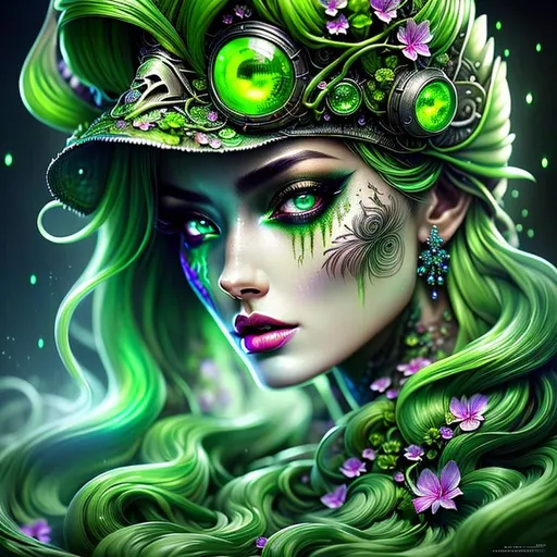 Prompt: Beautiful Poison goddess covered in uranium with detailed green features in a vat of acid with illuminating drops, biohazard; by anna dittmann, floradriel, digital painting, extreme detail, 120k, ultra hd, hyper detailed, toxic, wlop, digital painting, bright green body, covered in Ivy dress, anime character, background digital painting, digital illustration, extreme detail, digital art, ultra hd, vintage photography, beautiful, aesthetic, style, hd photography, hyperrealism, extreme long shot, telephoto lens, motion blur, wide angle lens, sweet,