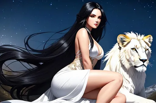 Prompt: portrait of a gorgeous  Evil and  grim-looking  woman  ,black hair ,  lustful  eyes, wearing white slip  ,  sitting on a high hill with a Beautiful  White wild  lion , at night . The wind is blowing her hair and clothes, creating a sense of movement and drama, Pretty girl, perfect anatomy, centered, highly detailed, character sheet, artstation, concept art, smooth, sharp focus, illustration,intricate, elegant, 8K,  unreal engine 