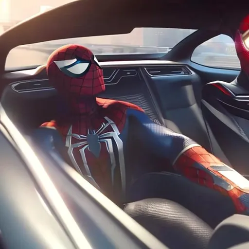 Prompt: spider man driving the first Tesla roadster, inside the car photo