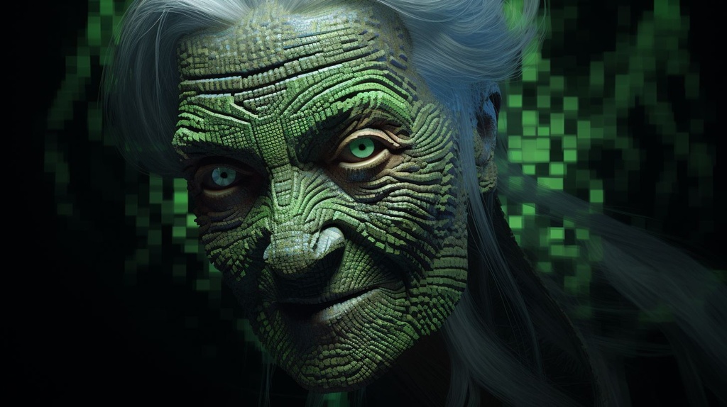 Prompt: game maker game old woman, in the style of psychedelic portraits, dark silver and light green, sgrafitto, fujifilm provia 400x, john pitre, embroidery