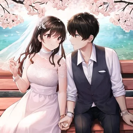 Prompt: this cute couple is newly married and having a visit to the lakeside alone and at the bank they are watching a cherry blossom tree which is very beautiful and they are wearing a cute couple ring of engagement and they are lonely there they are at peace