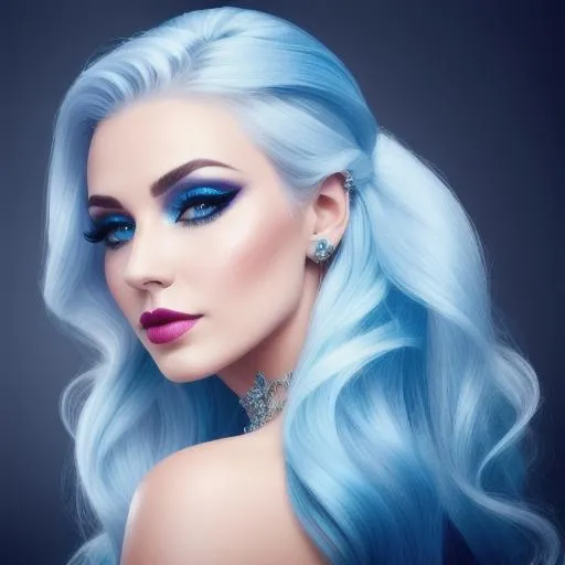 Prompt: Lady with icy blue hair, ice queen, stylish makeup, soft light,  fantasy